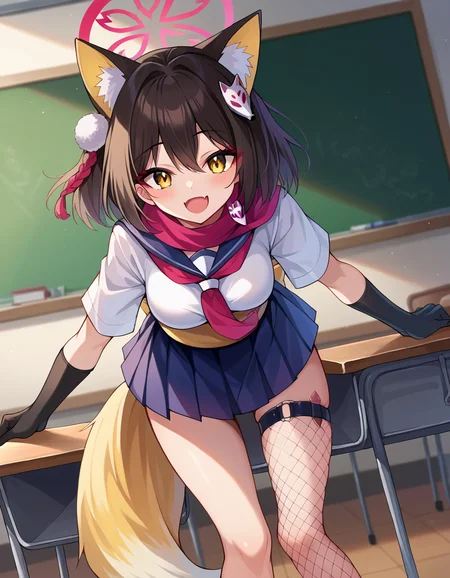 score_9, score_8_up, score_7_up, source_anime,
izunakuda, <lora:izuna-kuda-ponyxl-lora-nochekaiser:1>,
izuna kuda, yellow eyes, black hair, animal ears, animal ear fluff, medium hair, fox ears, halo,
asymmetrical legwear, fishnets, fox hair ornament, fox tail, gloves, hair ornament, pleated skirt, sash, scarf, school uniform, single thighhigh, tail, thigh strap, yellow tail,
indoors, classroom, bent over, smile,
looking at viewer, cowboy shot, dutch angle,