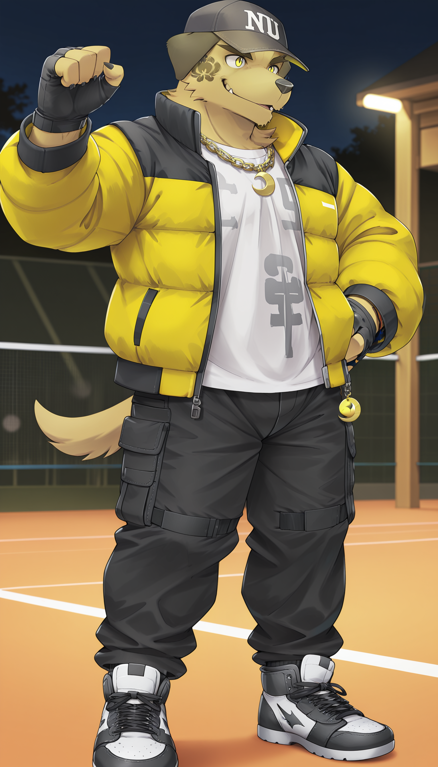 masterpiece, best quality, amazing quality, 1boy, solo,
Nobumichi, dog boy, yellow eyes,
multicolored puffy jacket, white shirt, chain necklace with crescent charm, black hat, black cargo pants, tennis shoes, black socks, fingerless gloves,
night club, dancing,