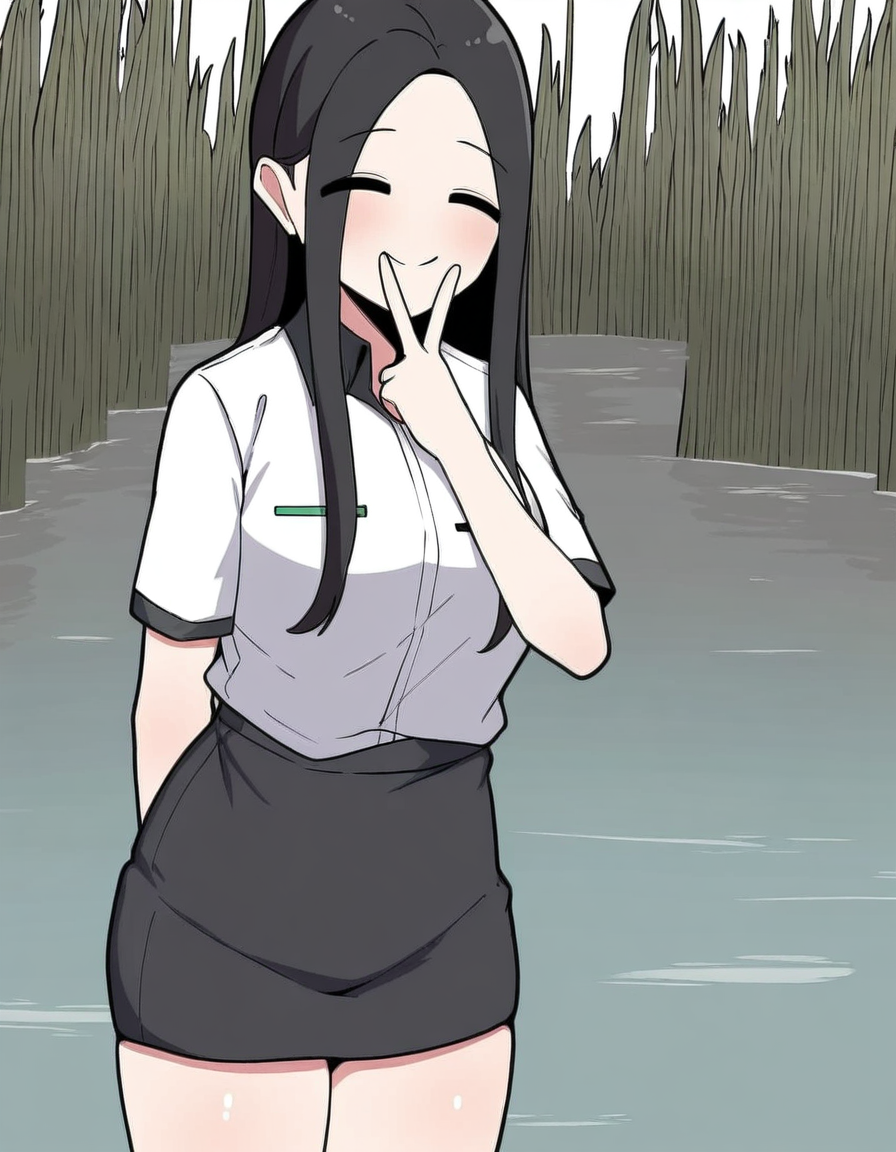 masterpiece, best quality, newest, absurdres, highres, safe,, <lora:yoo-jae-kyung-manhwa-illustriousxl-lora-nochekaiser:1>, yoo jae-kyung, long hair, large breasts, black hair, closed eyes, forehead,, skirt, shirt, white shirt, short sleeves, collared shirt, black skirt, pencil skirt, office lady,, wetland, water, reeds, swamp, wildlife, , v, v over mouth, smug, looking at viewer, solo,, cowboy shot, solo