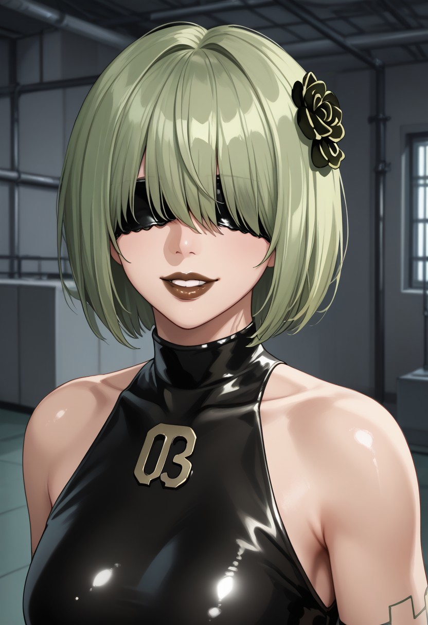 1girl, solo, solo focus, highres, absurdres, CL_Dummy, short hair, long bangs, hair over eyes, light green hair, lipstick, shiny lips, brown lips, circle hair ornament,  
black leotard, bare shoulders,
looking at viewer, evil grin, upper body,
factory, industrial pipe, stasis tank, dark,