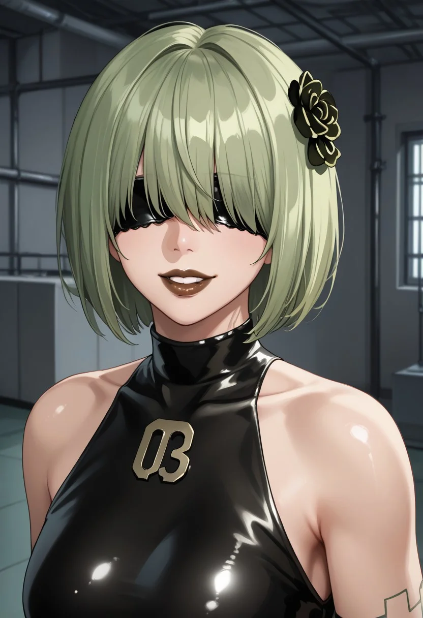 1girl, solo, solo focus, highres, absurdres, CL_Dummy, short hair, long bangs, hair over eyes, light green hair, lipstick, shiny lips, brown lips, circle hair ornament,
black leotard, bare shoulders,
looking at viewer, evil grin, upper body,
factory, industrial pipe, stasis tank, dark,