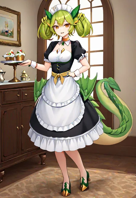 parlor dragonmaid, dragon girl, green hair, brown eyes, dragon tail,, clothing cutout, dress, frilled dress, frills, maid, tail, 
masterpiece, best quality, very aesthetic, absurdres, full_body, tachi-e,