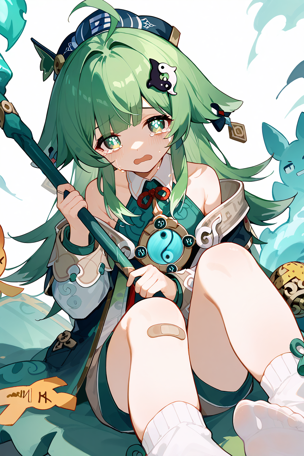 (score_9,score_8_up,score_7_up),<lora:HuoHuo(Honkai Star Rail)-v1-000008:1>,HuoHuo(Honkai: Star Rail),1girl,green hair,green eyes,solo,open mouth,holding,long hair,tears,looking at viewer,hair ornament,bandaid,crying,staff,bandaid on leg,bangs,bandaid on knee,good feet,sitting,holding staff,crying with eyes open,dress,bare shoulders,ahoge,socks,long sleeves,
anime,NSFW,expressive,amazing quality,ultra hd 32k,