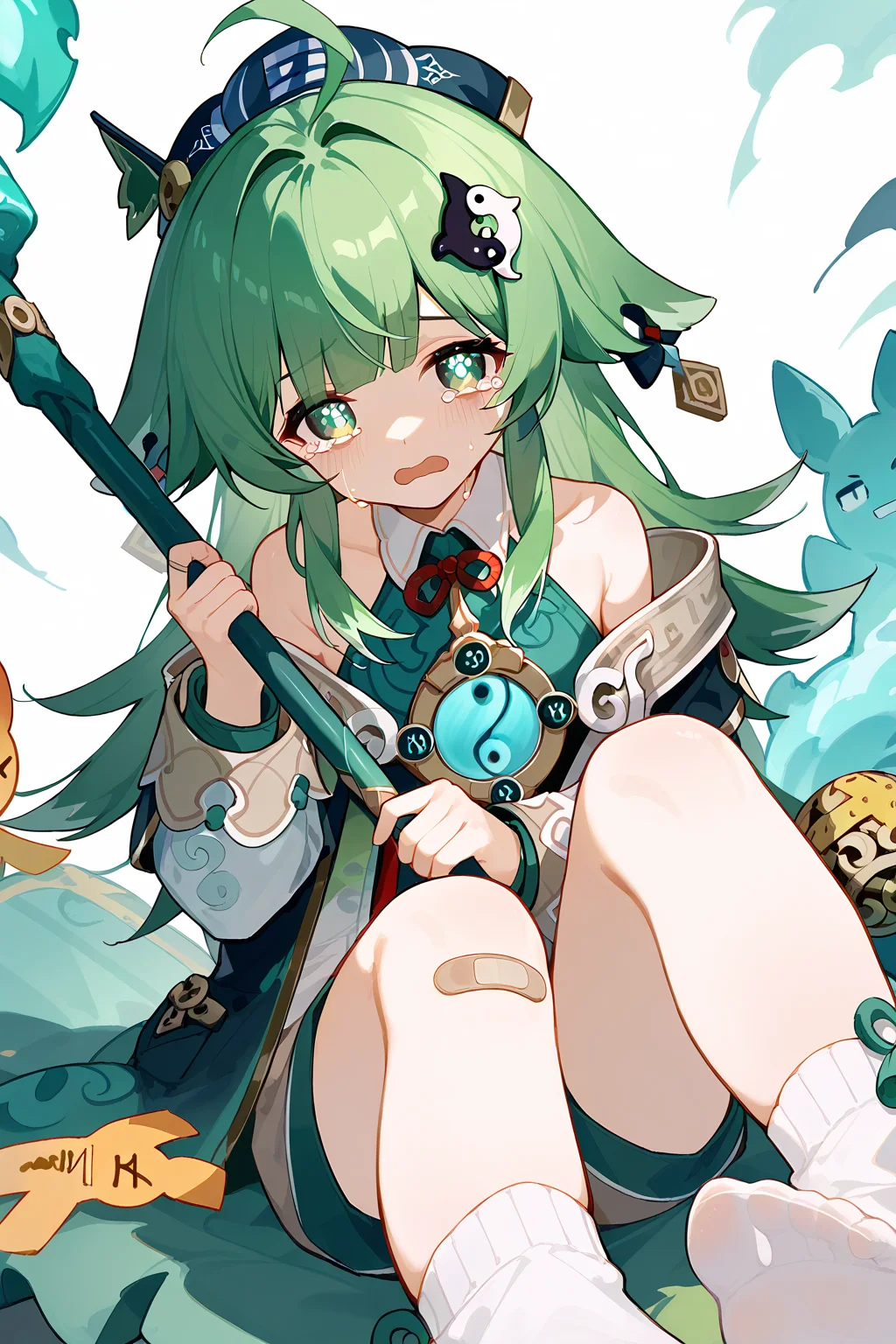 (score_9,score_8_up,score_7_up),<lora:HuoHuo(Honkai Star Rail)-v1-000008:1>,HuoHuo(Honkai: Star Rail),1girl,green hair,green eyes,solo,open mouth,holding,long hair,tears,looking at viewer,hair ornament,bandaid,crying,staff,bandaid on leg,bangs,bandaid on knee,good feet,sitting,holding staff,crying with eyes open,dress,bare shoulders,ahoge,socks,long sleeves,
anime,NSFW,expressive,amazing quality,ultra hd 32k,
