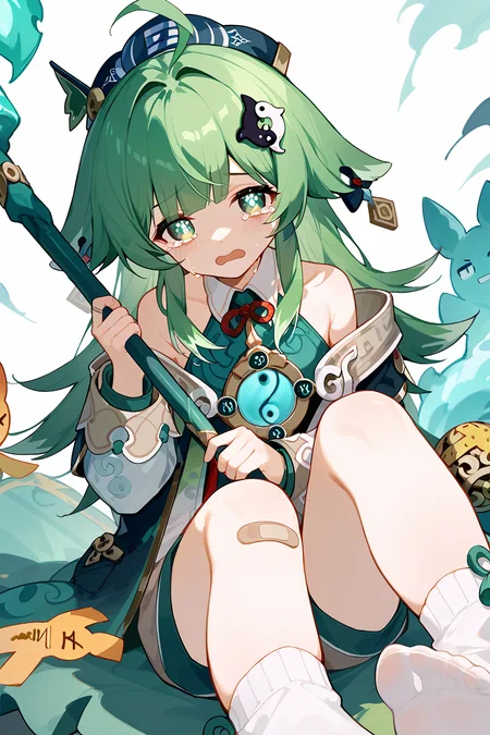 (score_9,score_8_up,score_7_up),<lora:HuoHuo(Honkai Star Rail)-v1-000008:1>,HuoHuo(Honkai: Star Rail),1girl,green hair,green eyes,solo,open mouth,holding,long hair,tears,looking at viewer,hair ornament,bandaid,crying,staff,bandaid on leg,bangs,bandaid on knee,good feet,sitting,holding staff,crying with eyes open,dress,bare shoulders,ahoge,socks,long sleeves,
anime,NSFW,expressive,amazing quality,ultra hd 32k,
