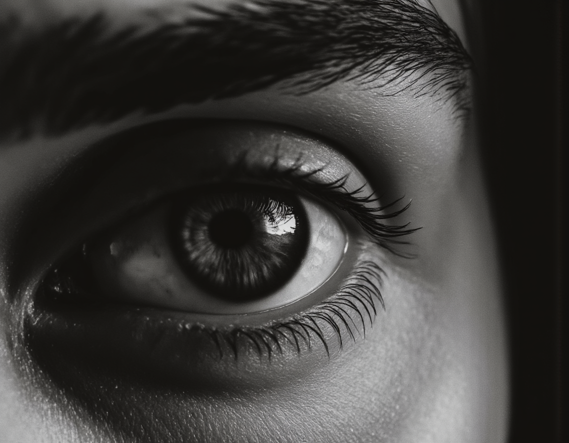 <lora:BWMonochrome:0.85> mono, detailed grayscale close-up, hyperrealistic human eye, iris intricate detail, pupil dark, eyelashes detailed texture, focusing on the eye's anatomy,  intense expression, subtle highlights, depth of field, dramatic lighting,  macro photography, high contrast, dramatic shadows,  eye open wide, apprehensive look. . 35mm photograph, film, bokeh, professional, 4k, highly detailed