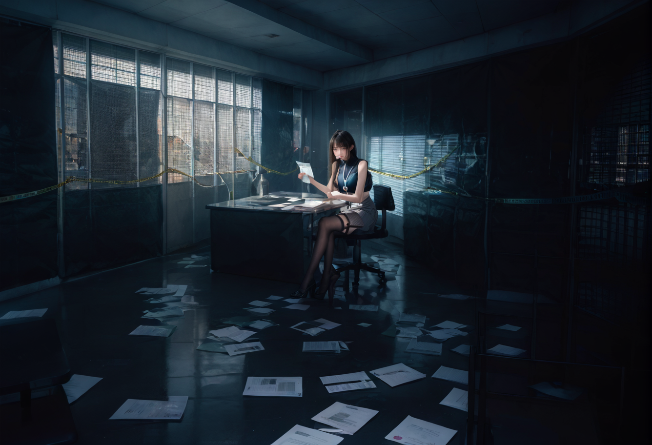 ,ruanyi0943,blinds,indoors,paper,
,ruanyi0897,black thighhighs,garter straps,turtleneck,id card,lanyard,grey skirt,crop top,black sleeveless sweater,long skirt,chair,sitting,
night,dark,<lora:0943 Untitled_v1_pony:1>,<lora:0897 Home wear 3_v1_pony:0.7>, score_9,score_8_up,score_7_up,,8k,1girl,solo,,
