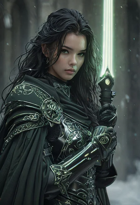 (Star Wars Inquisitor female, menacing stance, detailed facial features:1.5),
(Long, flowing black hair, shinny and wavy with highlights, hair strands blowing in the wind:1.4),
(Hard, powerful black fire neon light saber, with intricate details on the hilt, glowing energy crackling:1.4),
(Collar, cyberpunk-inspired Samurai jacket, with a high neckline, metallic accents and a fitted silhouette:1.3),
(Large, sweeping linen black cape, with a dramatic, flowing motion, detailed stitching and textures:1.6),
(BDSM-inspired harness, accentuating firm, toned breasts, with buckles and straps, leather or latex material:1.2),
(Full body, detailed musculature, anatomically correct, with a dynamic, action-oriented pose:1.0),
High resolution, with crisp, clear details, high quality, 32K or higher, suitable for large-scale printing or display