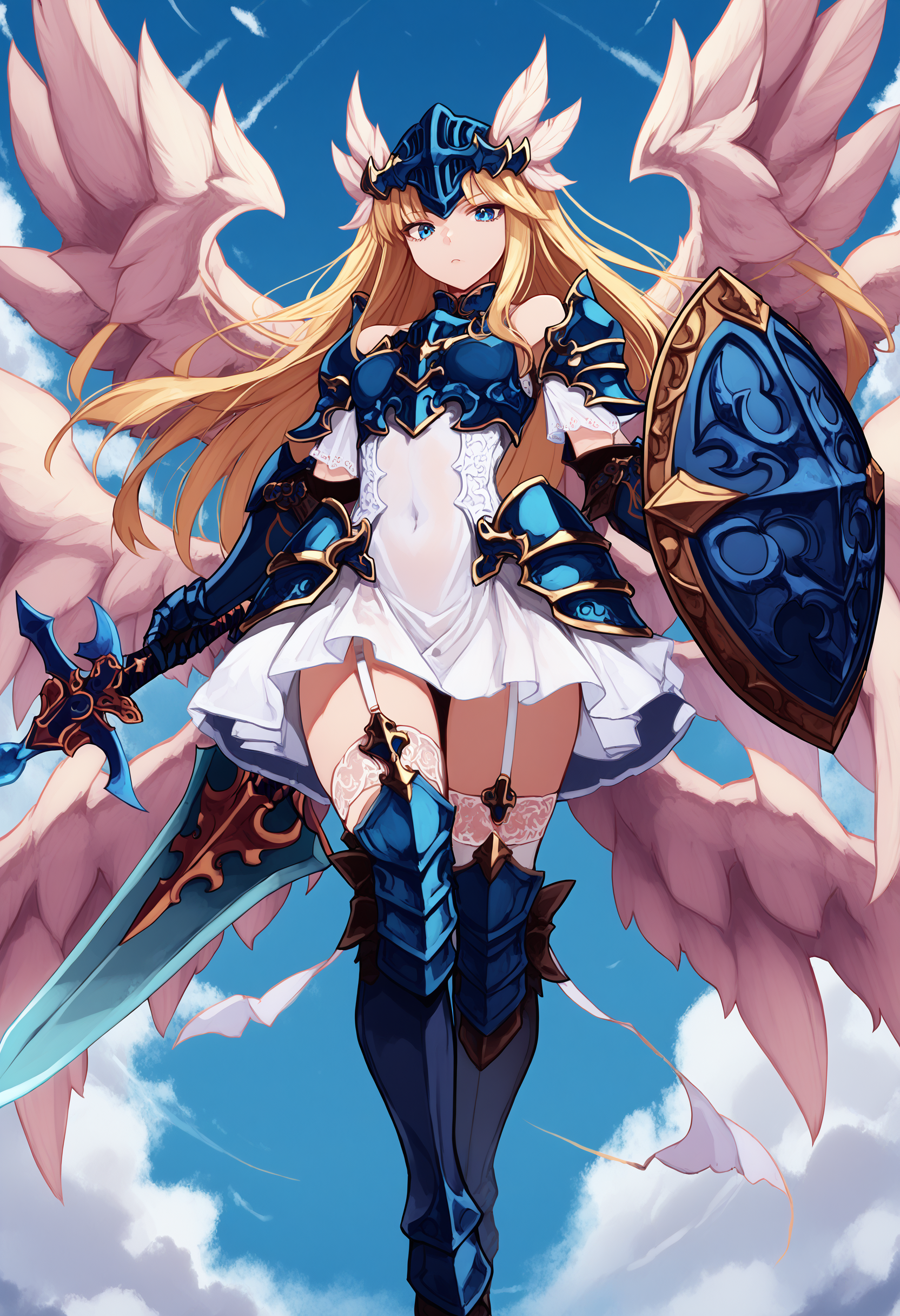 score_9, score_8_up, score_7_up, score_6_up, masterpiece, best quality,
valkyrie, monster girl encyclopedia, 1girl, weapon, solo, wings, shield, sword, blonde hair, armor, long hair, helmet, blue eyes, full body, thighhighs, looking at viewer, holding, multiple wings, boots, holding weapon, bare shoulders, feathered wings, shoulder armor, holding sword, breastplate, angel wings, standing, gauntlets, pauldrons, dress, armored dress, head wings, covered navel, garter straps, winged helmet, cloudy sky, from below, floating
<lora:avian_mge_concepts_v11:1>