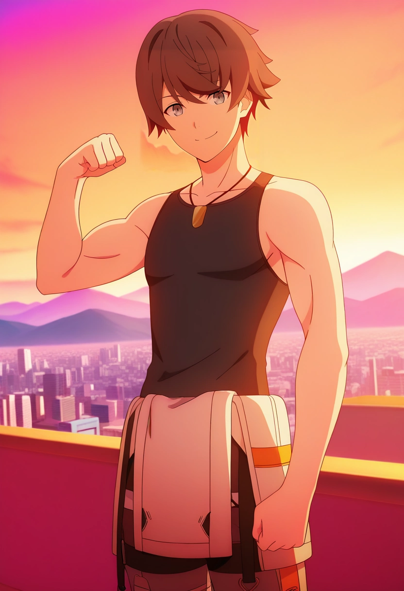 masterpiece, best quality, , anime screencap, , official style, looking at viewer, 1boy, solo, male focus, <lora:kanata_synduality_noir_ilxl:0.96>, kanata_synduality_noir, brown hair, grey eyes, short hair, , , , wide angle, wide shot, cowboy shot, mountaintop city, dawn, flexing, giggling,