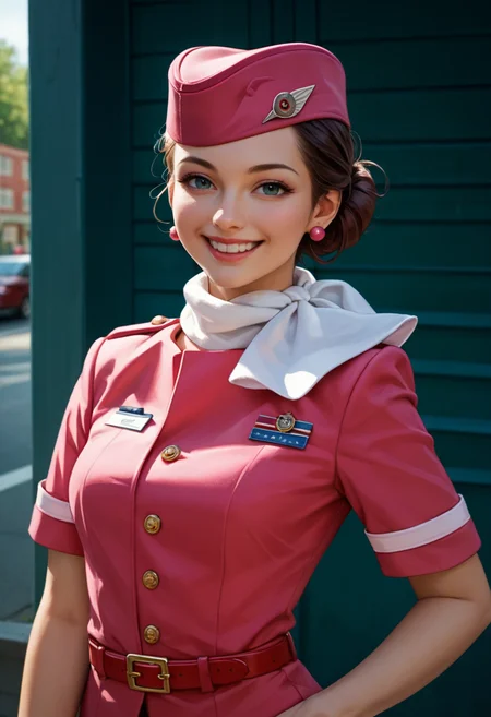 score_9, score_8_up, score_7_up, score_6_up, st3w4rd3ss, solo, pink clothing, contrapposto,  earrings,pink garrison cap, formal, single hair bun, [white scarf], woman, happy,  red belt, short sleeves, looking at viewer, <lora:RSO-42-PDXL:0.8>