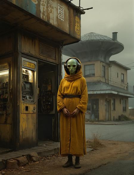 alien that are standing in front of a building, cedric payravernay, black moons, monks, matriarchy, cgsociety, muted brown yellow and blacks, by Otto Pilny, palace of the chalice, young women, machinarium, utopia art  ,a gas station sitting on the side of a road, dark atmosphere pinterest, aaron earley, houzz, antique renewal, trending on artforum, inspired by Jerry Schatzberg, weathering with you, hauntingly beautiful, morningstar, high detail photo of a deserted, high octane,f <lora:SDXL1.0_Essenz-series-by-AI_Characters_Style_BetterPhotography-v1.2-'Skynet':1>, RAW photo, subject, 8k uhd, dslr, soft lighting, high quality, film grain, Fujifilm XT3(RAW photo, 16k, masterpiece, best quality: 1.2), (ultra realism, hyper detailed and intricate realism: 1.3),highly detailed, (RAW photo, 16k, masterpiece, best quality: 1.2), (ultra realism, hyper detailed and intricate realism: 1.3),highly detailed_natural lighting, taken with a Hasselblad X1D II 50C with a 45mm lens embracing creative intimacy in the textural composite, conceptual art trend, inspired by John Collier, wojtek beksinski macmanus, , concept,, score_9, score_8_up, score_7_up, Prompt: score_9, source_Comics, (80s Posters) BOOK OF THE Pixel Alchemy ,Katsuya Terada   V1.3 ,& MOEBIUS collaboration, art station, BANDE DESSINÉE story transcription, full color, carnival
