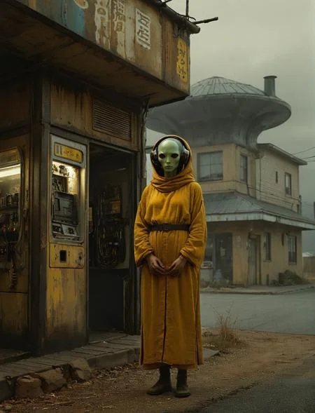 alien that are standing in front of a building, cedric payravernay, black moons, monks, matriarchy, cgsociety, muted brown yellow and blacks, by Otto Pilny, palace of the chalice, young women, machinarium, utopia art ,a gas station sitting on the side of a road, dark atmosphere pinterest, aaron earley, houzz, antique renewal, trending on artforum, inspired by Jerry Schatzberg, weathering with you, hauntingly beautiful, morningstar, high detail photo of a deserted, high octane,f <lora:SDXL1.0_Essenz-series-by-AI_Characters_Style_BetterPhotography-v1.2-'Skynet':1>, RAW photo, subject, 8k uhd, dslr, soft lighting, high quality, film grain, Fujifilm XT3(RAW photo, 16k, masterpiece, best quality: 1.2), (ultra realism, hyper detailed and intricate realism: 1.3),highly detailed, (RAW photo, 16k, masterpiece, best quality: 1.2), (ultra realism, hyper detailed and intricate realism: 1.3),highly detailed_natural lighting, taken with a Hasselblad X1D II 50C with a 45mm lens embracing creative intimacy in the textural composite, conceptual art trend, inspired by John Collier, wojtek beksinski macmanus, , concept,, score_9, score_8_up, score_7_up, Prompt: score_9, source_Comics, (80s Posters) BOOK OF THE Pixel Alchemy ,Katsuya Terada V1.3 ,& MOEBIUS collaboration, art station, BANDE DESSINÉE story transcription, full color, carnival
