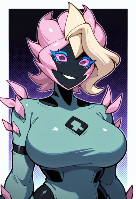 masterpiece, best quality, amazing quality, very aesthetic, absurdres, newest,
swampfire, colored skin, spikes, colored sclera, 1girl, wild yellow bang, , green skin, pink eyes,, shoulder spikes, pink hair, no humans, smile, smiling,, ((upper body, halftone effect, white borders, abstract background:1.2,))
welith, curvy, busty,