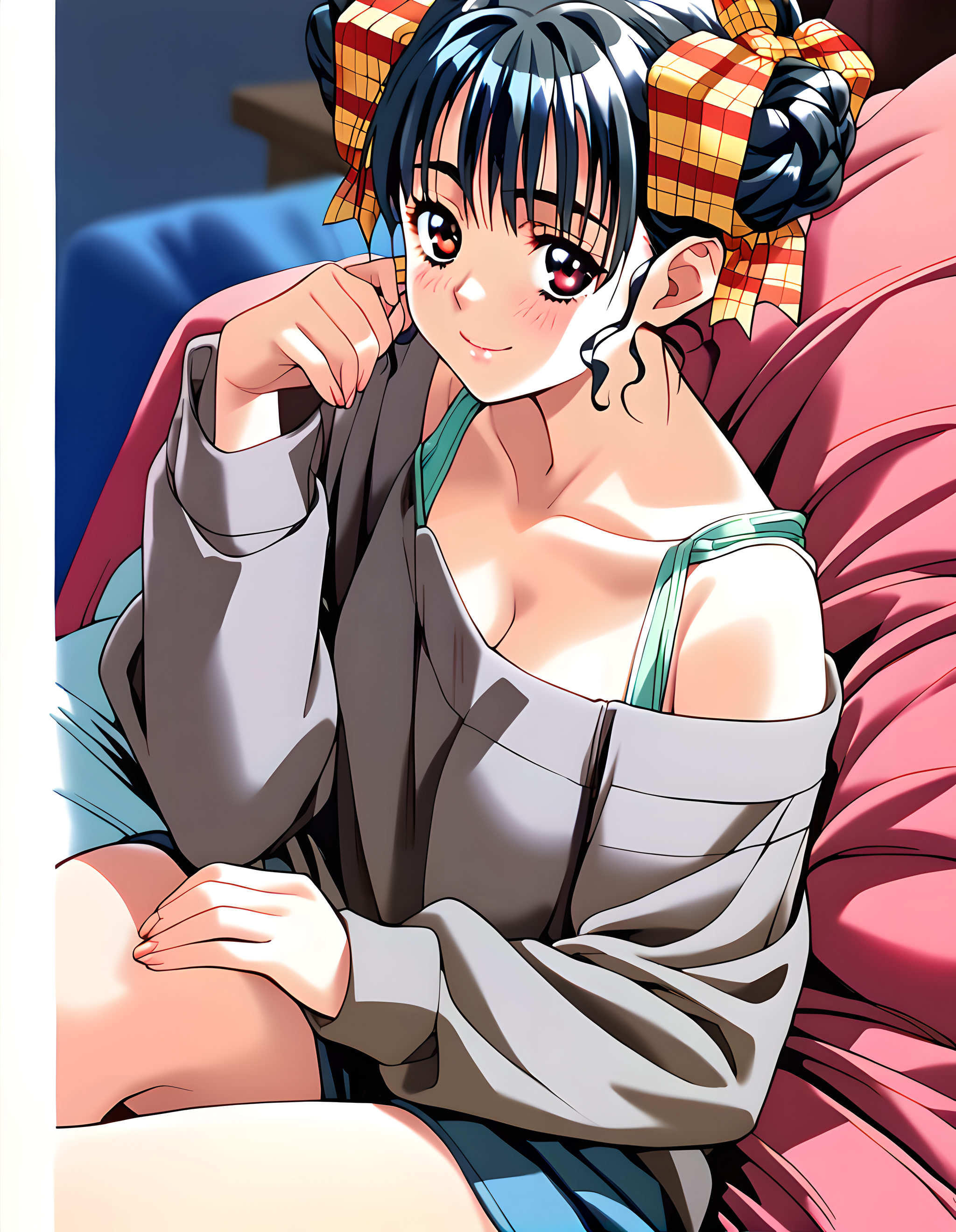 <lora:pony_xl_narusawa:0.8>,narusawa,score_9,score_8_up,score_7_up,source_anime,1girl,bed,smile,light_blush,off-shoulder_shirt,sitting,