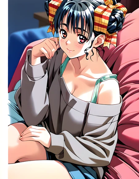 <lora:pony_xl_narusawa:0.8>,narusawa,score_9,score_8_up,score_7_up,source_anime,1girl,bed,smile,light_blush,off-shoulder_shirt,sitting,