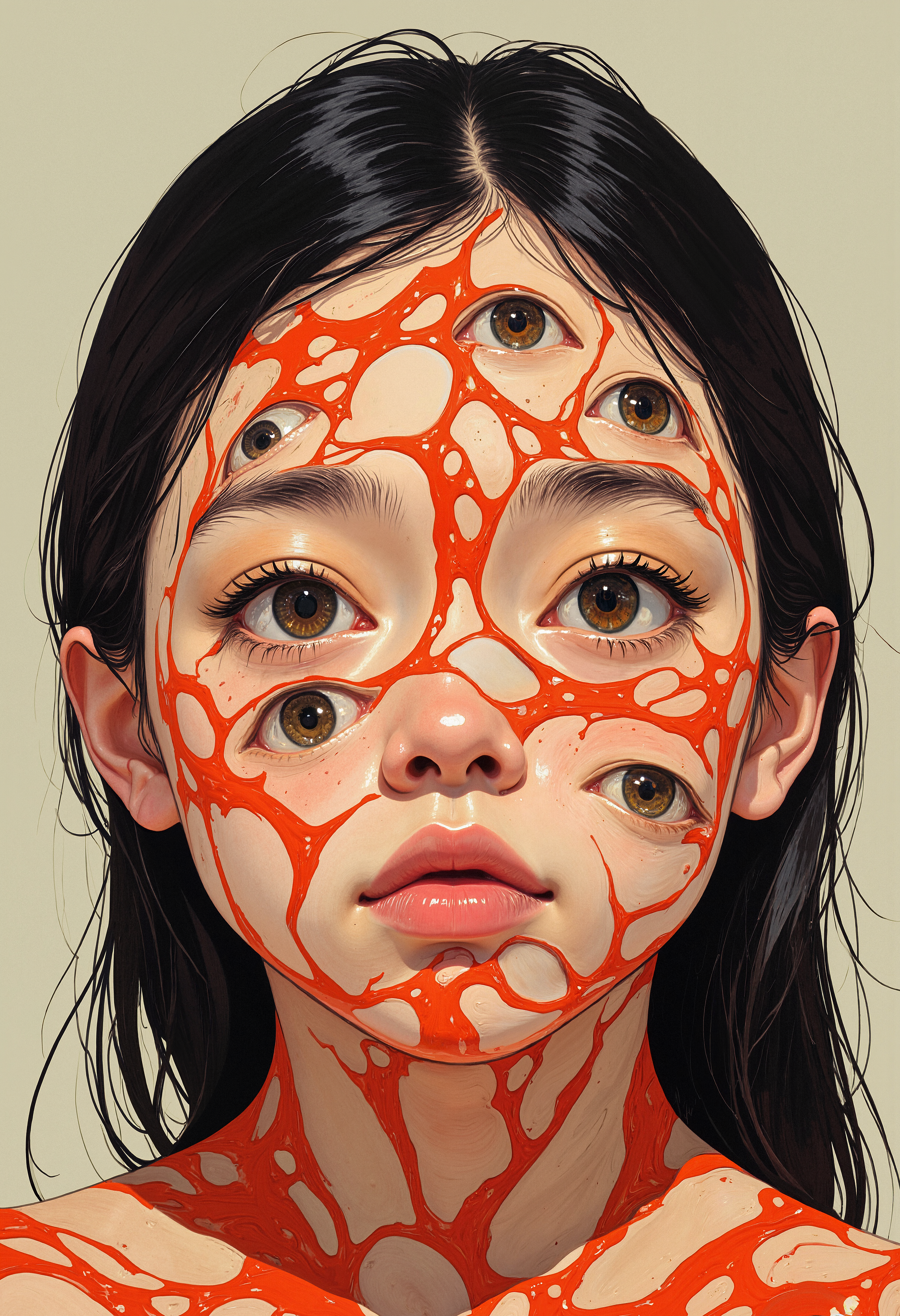 A close-up of a human face painted with a surreal design of red and beige. The face has multiple realistic, floating eyes arranged across the forehead, cheeks, and chin. The eyes are placed within red flowing lines that create an abstract pattern on the skin. The personâs actual eyes are visible but blend into the overall pattern. The individual has straight, black hair. The lighting is even, and the background is plain and neutral, putting all focus on the intricate face design. The style is hyper-realistic with surreal elements.   <lora:FLUX-daubrez-DB4RZ:0.83> DB4RZ, DB4RZ style painting, <lora:ILLUSTRATION_2_FLUX v2:0.53> <lora:Fantastic Realism - s0_8 g4:0.43> f4nt4st1c,