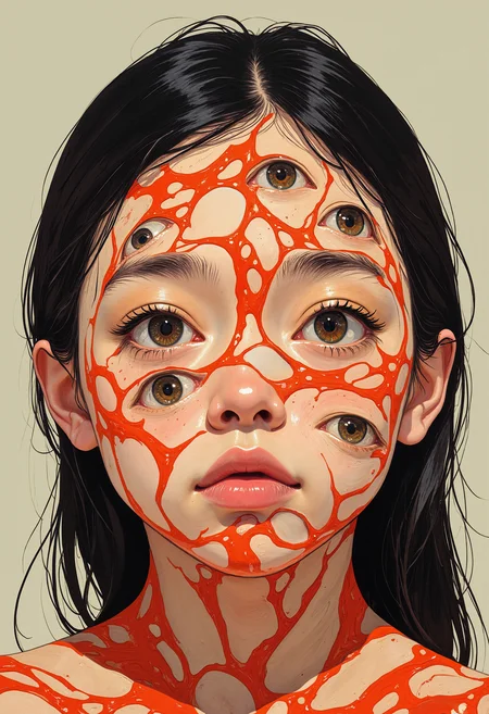 A close-up of a human face painted with a surreal design of red and beige. The face has multiple realistic, floating eyes arranged across the forehead, cheeks, and chin. The eyes are placed within red flowing lines that create an abstract pattern on the skin. The personâs actual eyes are visible but blend into the overall pattern. The individual has straight, black hair. The lighting is even, and the background is plain and neutral, putting all focus on the intricate face design. The style is hyper-realistic with surreal elements. <lora:FLUX-daubrez-DB4RZ:0.83> DB4RZ, DB4RZ style painting, <lora:ILLUSTRATION_2_FLUX v2:0.53> <lora:Fantastic Realism - s0_8 g4:0.43> f4nt4st1c,