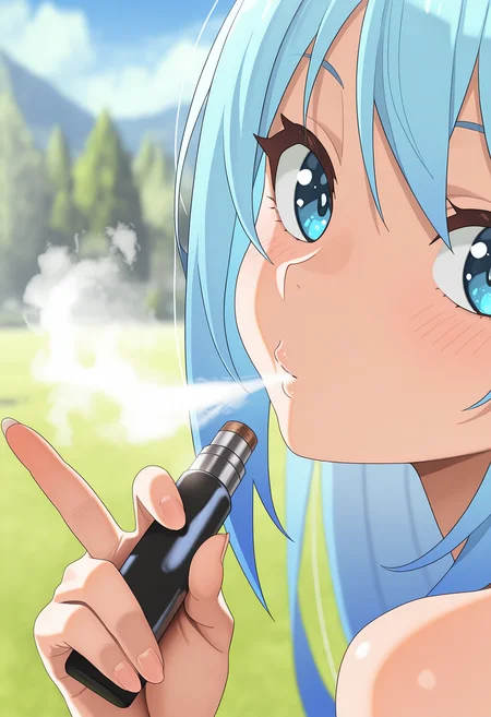 masterpiece, best quality, hires, absurdres, anime screenshot, 1girl, solo, aqua \(konosuba\), kono subarashii sekai ni shukufuku wo!, close-up, portrait, looking at viewer, <lora:Vape_Illustrious:0.8>, v4pe, holding vape, vapor, blowing vapor, outdoors, depth of field, blurry background
