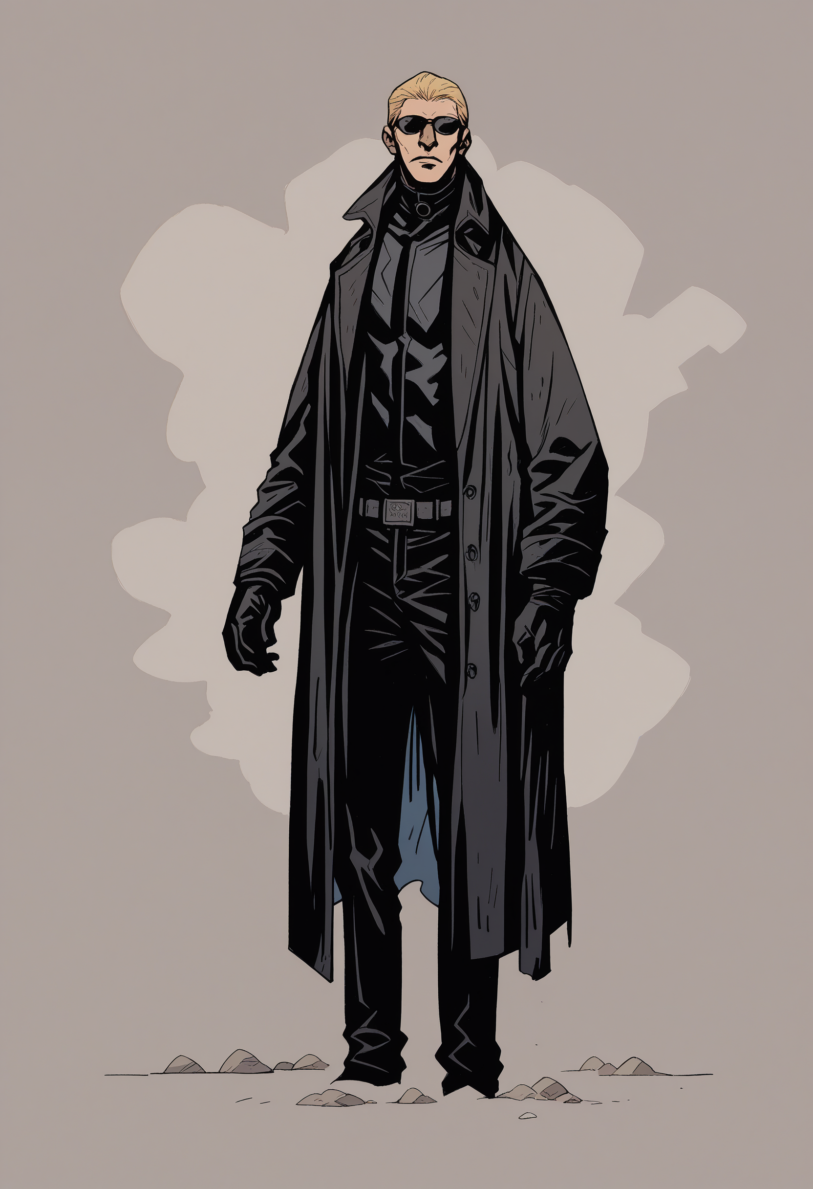 score_9, score_up_7, <lora:Mike_Mignola-guy90-Pony-Lycorisv1:1> alomik, 1boy, solo, <lora:albertwesker-guy-PONYv1:0.8> albertwesker, black gloves, sunglasses, belt, pants, long coat, trench coat, black coat, black pants