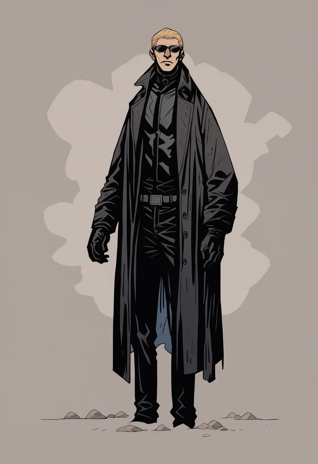 score_9, score_up_7, <lora:Mike_Mignola-guy90-Pony-Lycorisv1:1> alomik, 1boy, solo, <lora:albertwesker-guy-PONYv1:0.8> albertwesker, black gloves, sunglasses, belt, pants, long coat, trench coat, black coat, black pants