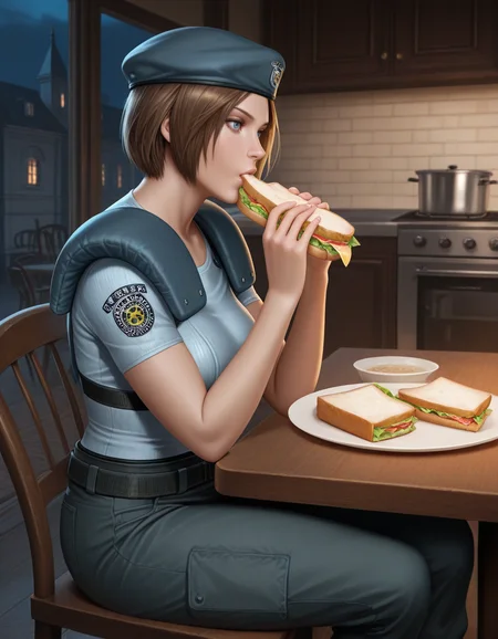 jill valentine, 1girl, beret, blue eyes, breasts, pants, clothed, kitchen, sitting, night, mansion, eating sandwich, chair, table, eating
, masterpiece, best quality, realistic, <lora:IL_RE1Jill_t1-33-64:1>