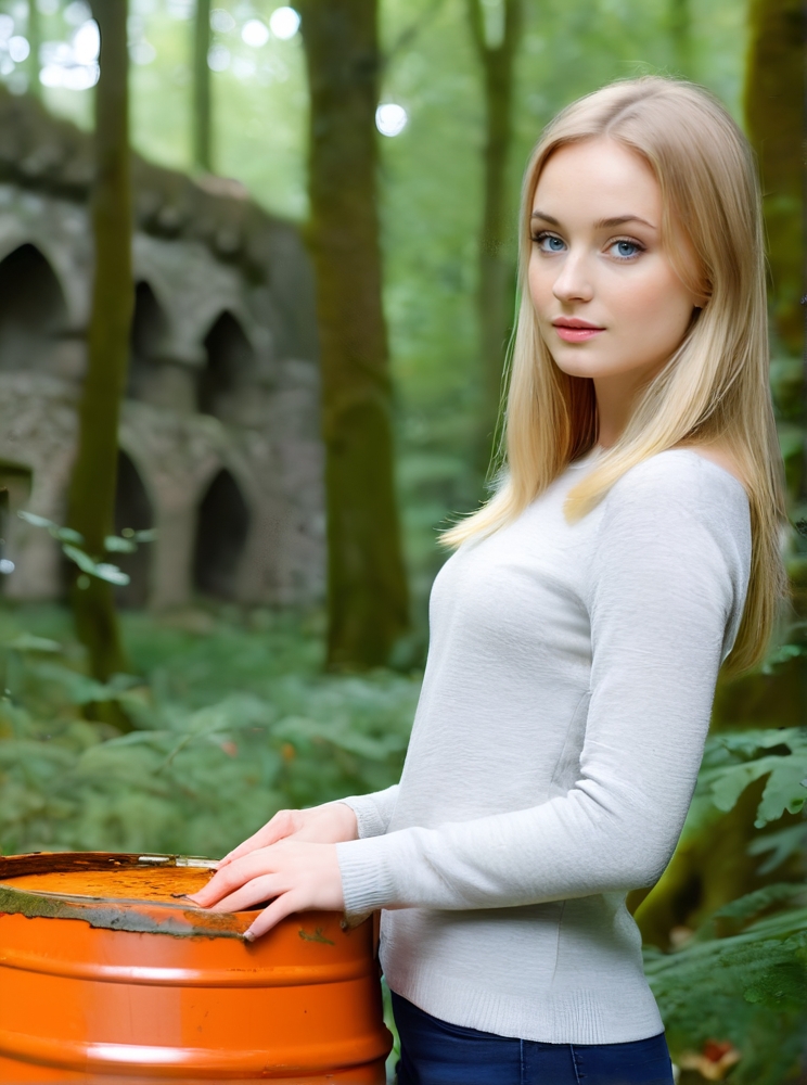 Photo of Sylvia Myren, girl wearing wooden clothes in an overgrown castle ruins in woods, tipping over a red metal barrel of glowing orange toxic waste in a misty eldritch forest, <lora:PerfectEyesXL:0.5>, (detailed, ultra-detailed body:1.1),best quality,photo-realistic,highly detailed,absurdres,cinematic lighting,hyper-realistic,sharp focus,32k resolution,detailxl,SimplePositiveXLv2,