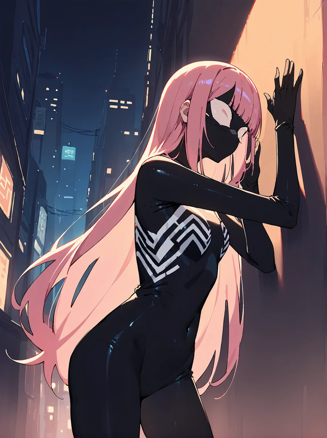 score_8_up, score_7_up, score_6_up, source_anime, 1girl, solo, city, outdoors, evening, moonlight, alleyway, against wall, in shadows
long hair, pink hair
symbiote suit, black bodysuit, black mask <lora:Symbiote_Suit-000008:1>