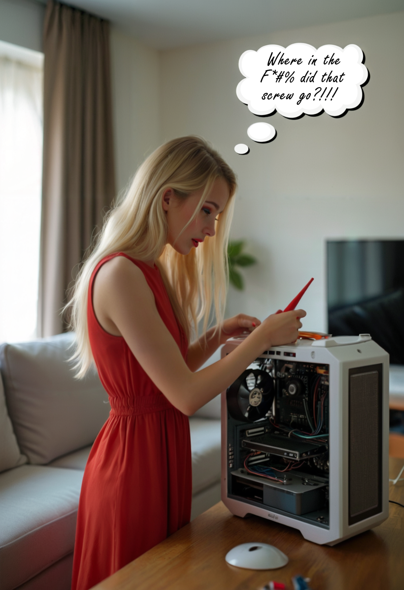 Cinematic film still a woman in a red dress is working on a computer with a red light on it and wires running through the top of the machine, Beeple, technology, a stock photo, computer art. Thought bubble says Where in the F**k did that screw go?!!! . Elegant pose, a stock photo, romanticism, concept art, shallow depth of field, vignette, highly detailed, high budget, bokeh, cinemascope, moody, epic, gorgeous, flux-style, film grain, grainy. <lora:add-detail-xl:.5> <lora:Flux-style-xl-lora:.5>