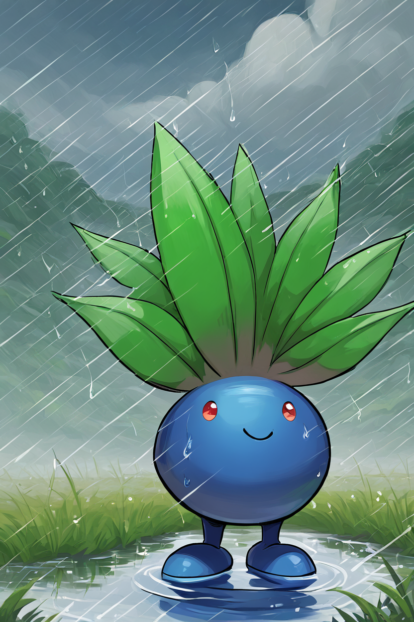 score_9, score_8_up, score_8,   ,,, , ,,,  zzOddish, red eyes, standing, full body, outdoors, sky, day, cloud, signature, water, cloudy sky, grass, looking up, rain, ripples, puddle,  ,<lora:OddishPokedexPDXL:1.0>,     ,,,, BREAK, <lora:Afrobull_PDXL_v5:0.8>,  ,,, BREAK, smile, looking at viewer, closed mouth, cowboy shot,  ,,, embedding:zPDXL, Expressiveh, ,,, <lora:SDXLFaeTastic2400:0.5>, <lora:Expressive_H-000001:0.4>,