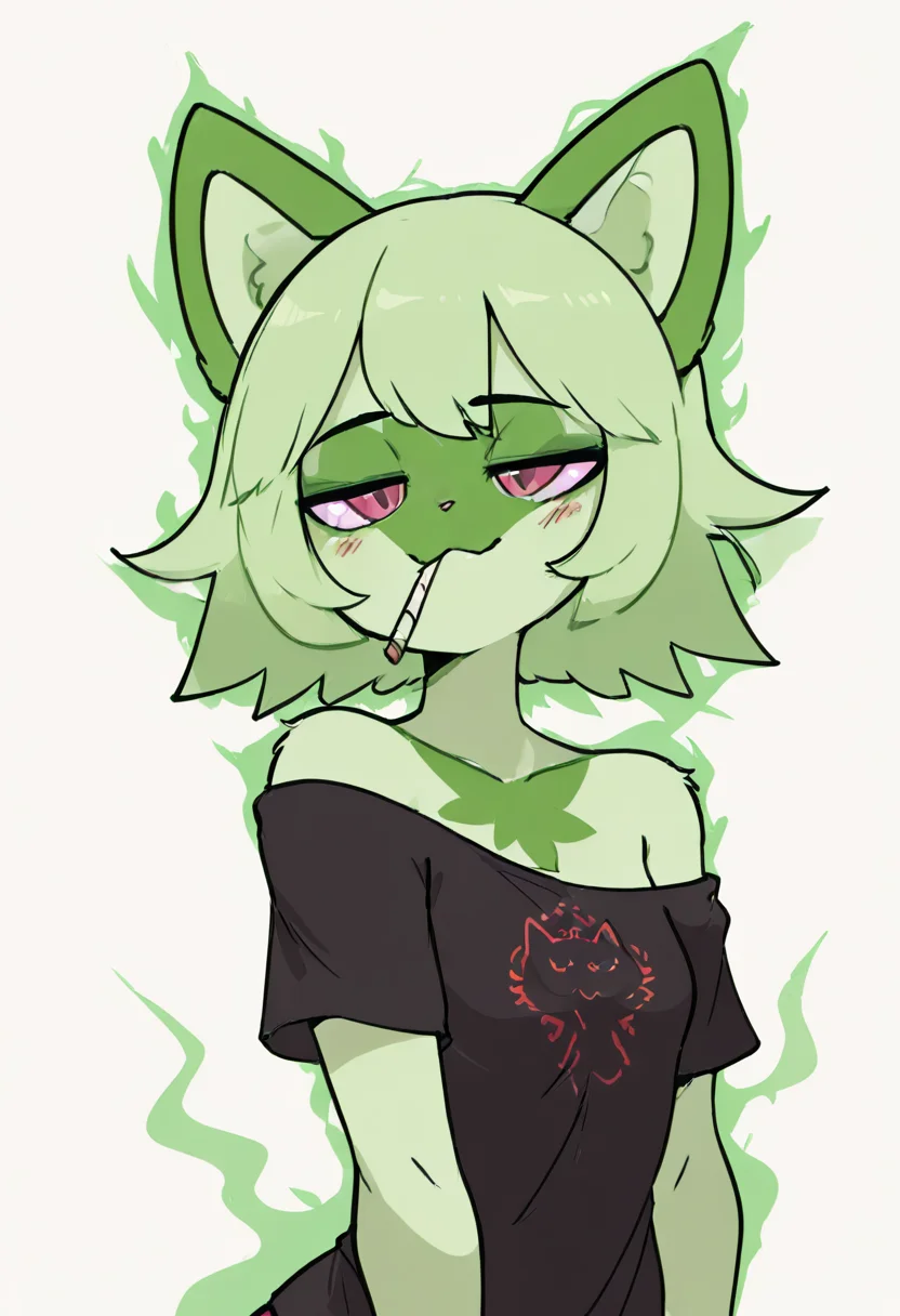 masterpiece, best quality, zzWdcat, 1girl, looking at viewer, blush, short hair, simple background, shirt, white background, animal ears, bare shoulders, upper body, short sleeves, green hair, artist name, cat ears, off shoulder, black shirt, :3, blush stickers, half-closed eyes, cat girl, furry, cropped torso, furry female, solo, smile, looking at viewer, aura, blue sky, ,, <lora:Wdcat_IXL:1.0>, , smile, looking at viewer, cowboy shot, ,<lora:Diives_NAI:1.0>,
