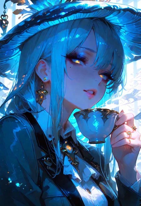 masterpiece, best quality, hyper-realistic, ultra-HD, intricate textures, luminous lighting, cinematic ambiance, shimmering gradients, ethereal glow, deep contrast, soft volumetric fog, subtle particles, radiant reflections, rich color tones, seductive atmosphere, captivating sensuality, Cinematic Lighting,Shadow,backlit, backlighting,
BREAK
plump glossy lips, flushed cheeks, alluring expression,
BREAK
raytracing, volumetric lighting, ambient occlusion, shimmering particles in the air, intricate cinematic background,intimate and seductive, crafted to captivate and seduce.
BREAK
(sexy, slutty, hot, aroused)
Mad Hatter, mushroom hat, teacup, suit, blue theme,
BREAK
long_hair, looking_at_viewer, holding, jewelry, earrings, parted_lips, finger nails, eyelashes, lips, mole_under_eye, makeup, ring, close-up, stud_earrings, mascara,