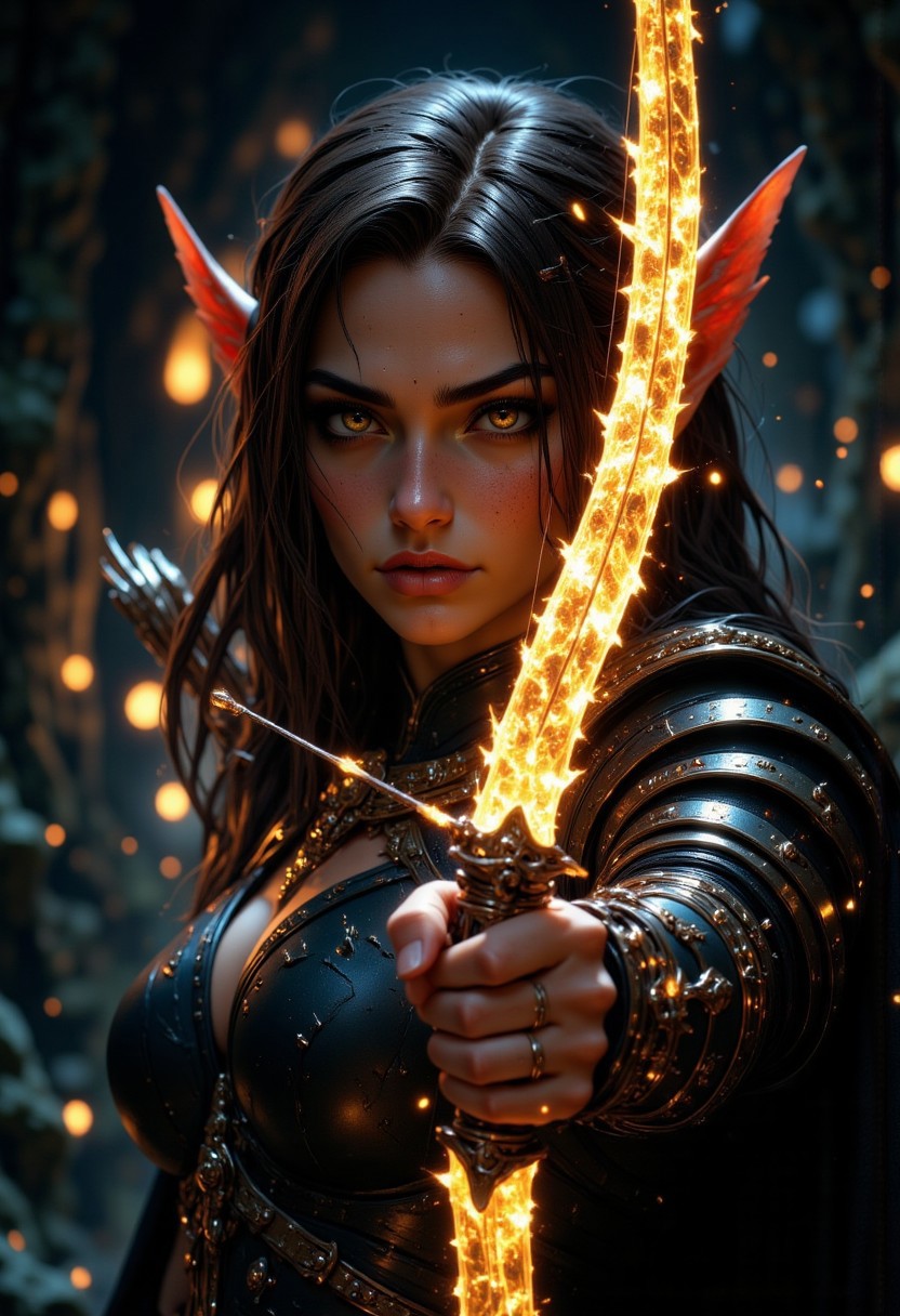 UHD 32k epic fantasy movie still, closeup portrait, photograph, archery, a beautiful elf woman aiming a bow and arrow, the bow weapon is glowing with gold magic, dark cave background, cinematic realism, high action pose, perfect pupils, insanely detailed faces, correct digits, realistic skin, intricately detailed, dimly lit,  perfect eyes, perfect pupils, expressive eyes, texture, mythp0rt, aidmaMJ6.1