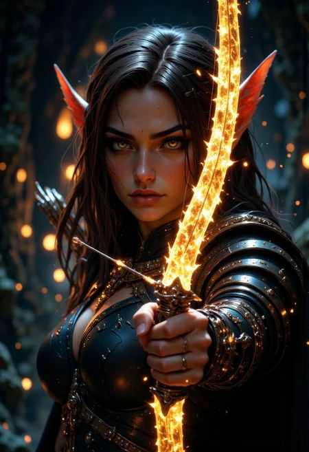 UHD 32k epic fantasy movie still, closeup portrait, photograph, archery, a beautiful elf woman aiming a bow and arrow, the bow weapon is glowing with gold magic, dark cave background, cinematic realism, high action pose, perfect pupils, insanely detailed faces, correct digits, realistic skin, intricately detailed, dimly lit,  perfect eyes, perfect pupils, expressive eyes, texture, mythp0rt, aidmaMJ6.1