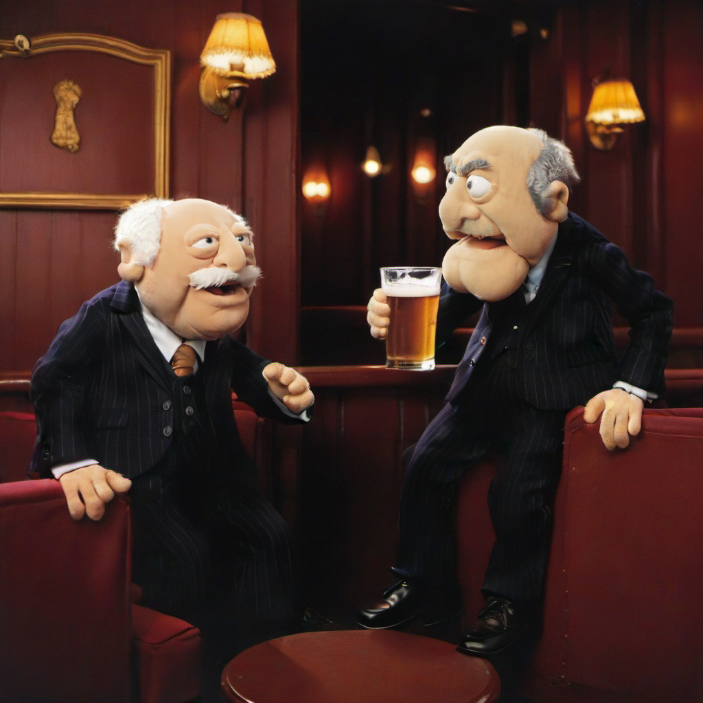 full body portrait of 2boys, facial hair, in a suit, having a beer in a pub  <lora:StatlerWaldorf1024-000120:0.9>