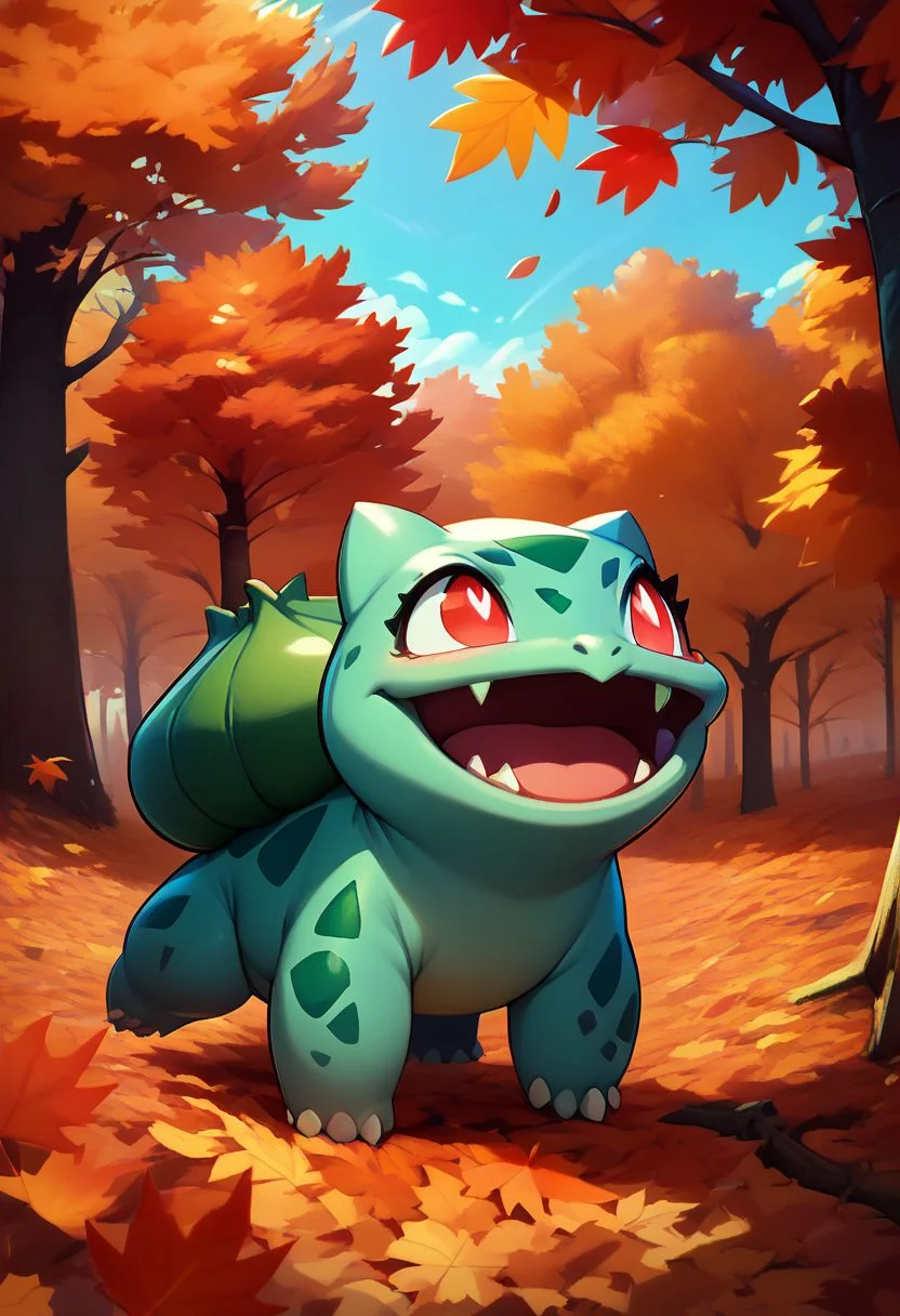 score_9, score_8_up, score_7_up, vivid bright colors,
zzBulbasaur, smile, open mouth, red eyes, standing, :d, outdoors, sky, day, tongue, tree, leaf, looking up, bright pupils, white pupils, autumn leaves, falling leaves