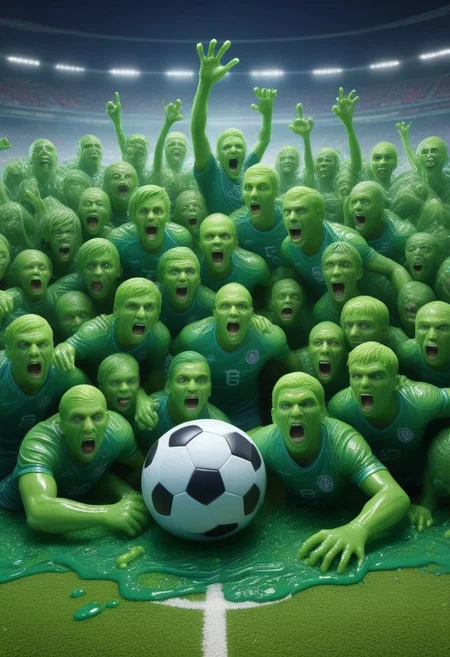 Group photo, football game, group sport, slimy, extremely detailed, hyperrealistic, detailed background, slime-morph