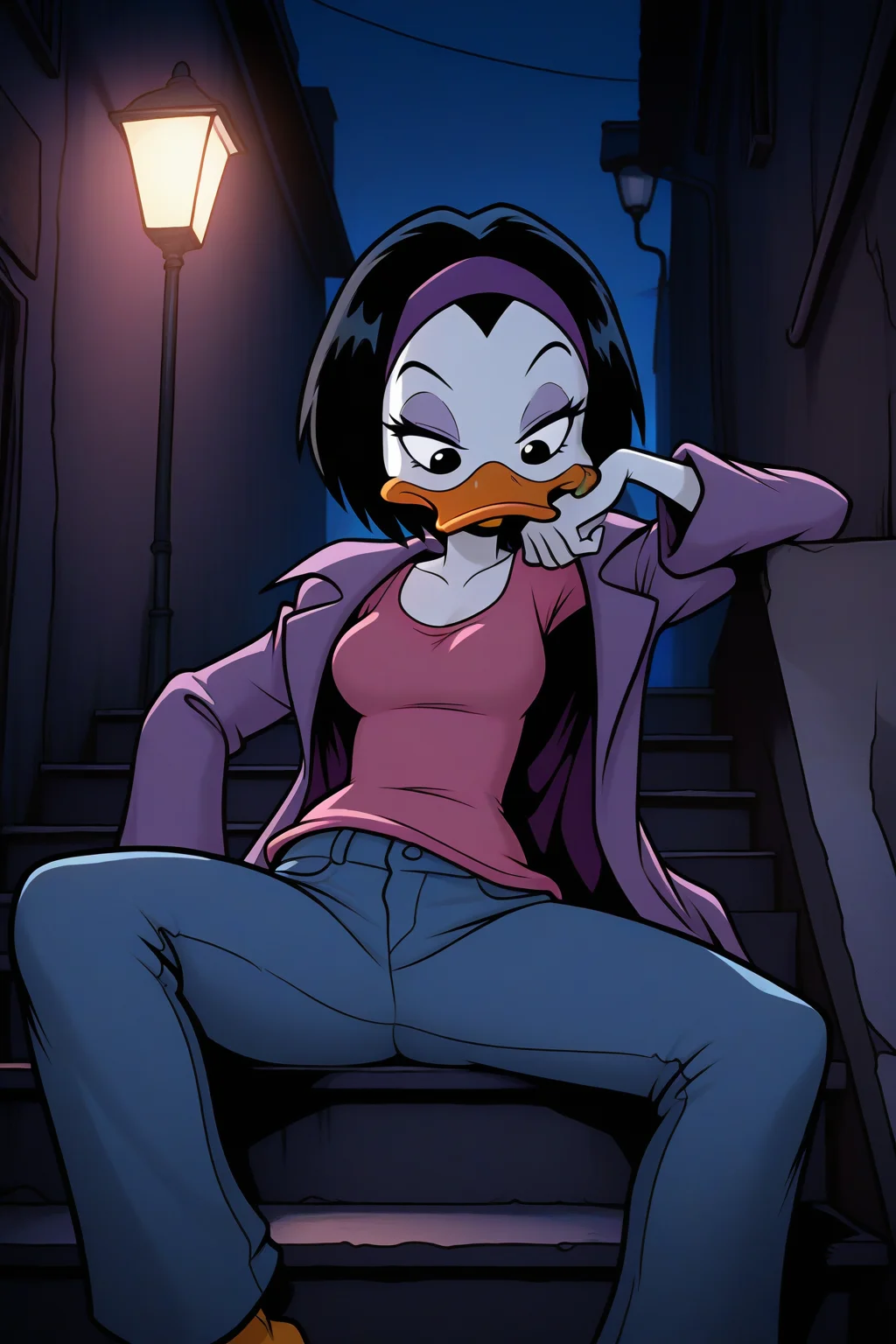 masterpiece, best quality, amazing quality, absurdres, solo, kay-k, duck girl, serious, looking down, elbow rest, leaning back, sitting on stairs, short black hair, purple hairband, white skin, purple coat, pink shirt, blue jeans, outdoors, night, moody, lamppost, alley, night, dark