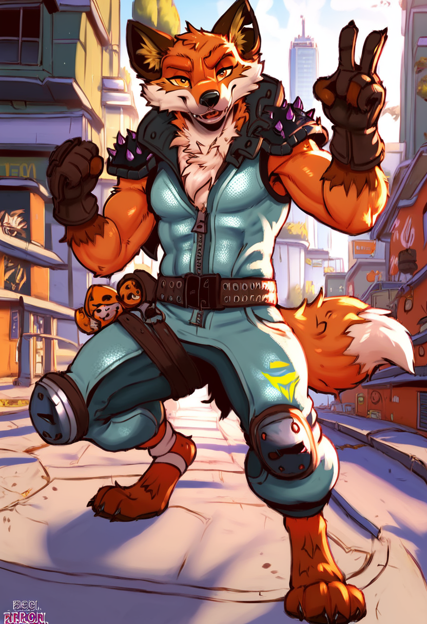 score_9, score_8_up, score_7_up, best quality, highres, 1boy, fennix, fortnite, anthro, furry, city, full body, action pose, detailed background, looking at viewer, <lora:Fennix_Fortnite:1>, hdr