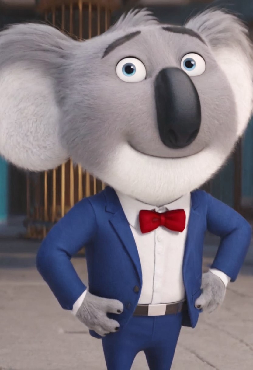 mrmoon, koala, furry, male, 3D, cgi, gray fur, black nose, blue eyes, round ears, black eyebrows, shortstack, smile, cute, standing, red bowtie, blue suit jacket, looking at viewer, four fingers, hands on hips, closed mouth, gray fur, white fur, white shirt, blue pants, best quality, official screenshot, 4K, asburd res, masterpiece, perfect, movie accurate,