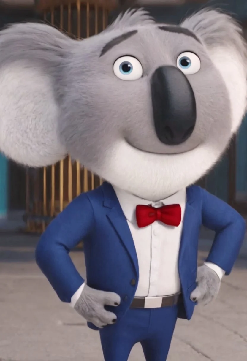 mrmoon, koala, furry, male, 3D, cgi, gray fur, black nose, blue eyes, round ears, black eyebrows, shortstack, smile, cute, standing, red bowtie, blue suit jacket, looking at viewer, four fingers, hands on hips, closed mouth, gray fur, white fur, white shirt, blue pants, best quality, official screenshot, 4K, asburd res, masterpiece, perfect, movie accurate,