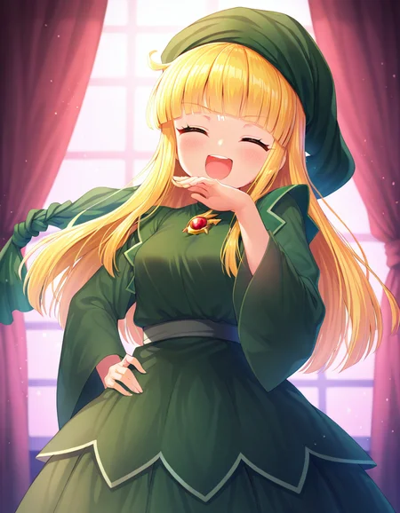 <lora:witchP4_SDXL_Illustrious01_fp16_ver01:1>,witchP4,1girl,blonde hair, long hair, green dress,green headwear,long sleeves,long skirt,brooch,blunt bangs,light green sash,open mouth, closed eyes,  <lora:ojou-samapose_Illust_v1:0.7>,ojou-sama pose,looking at viewer, smile, masterpiece, best quality, very aesthetic, absurdres,<lora:detailed_hands:1>,hand