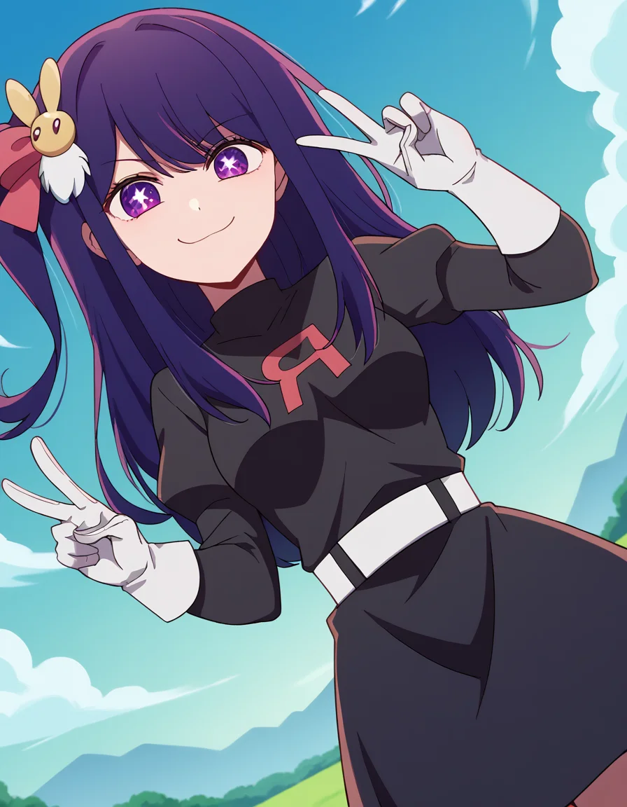 score_9, score_8_up, score_7_up, source_anime, <lora:ai-hoshino-s1-ponyxl-lora-nochekaiser:1>, ai hoshino, long hair, bangs, purple eyes, purple hair, symbol-shaped pupils, one side up, hair ornament, hair ribbon, medium breasts,, <lora:team-rocket-uniform-ponyxl-lora-nochekaiser:1>, team rocket uniform, black hat, black shirt, black skirt, white belt, white gloves, single letter,, smile, smug, v, outdoors,, cowboy shot, dutch angle, looking at viewer,