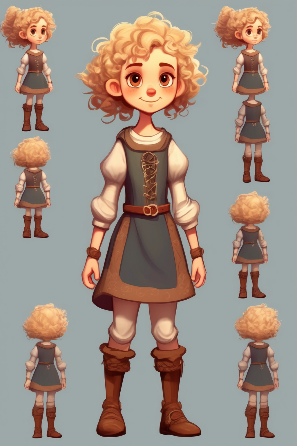 <lora:Character Design:1>Character Design - A set cartoon character design of a litle girl with short blonde and curly hair, character design, fullbody, with the view from front, side, back and 3/ 4 of the character, medieval and boots character sheet