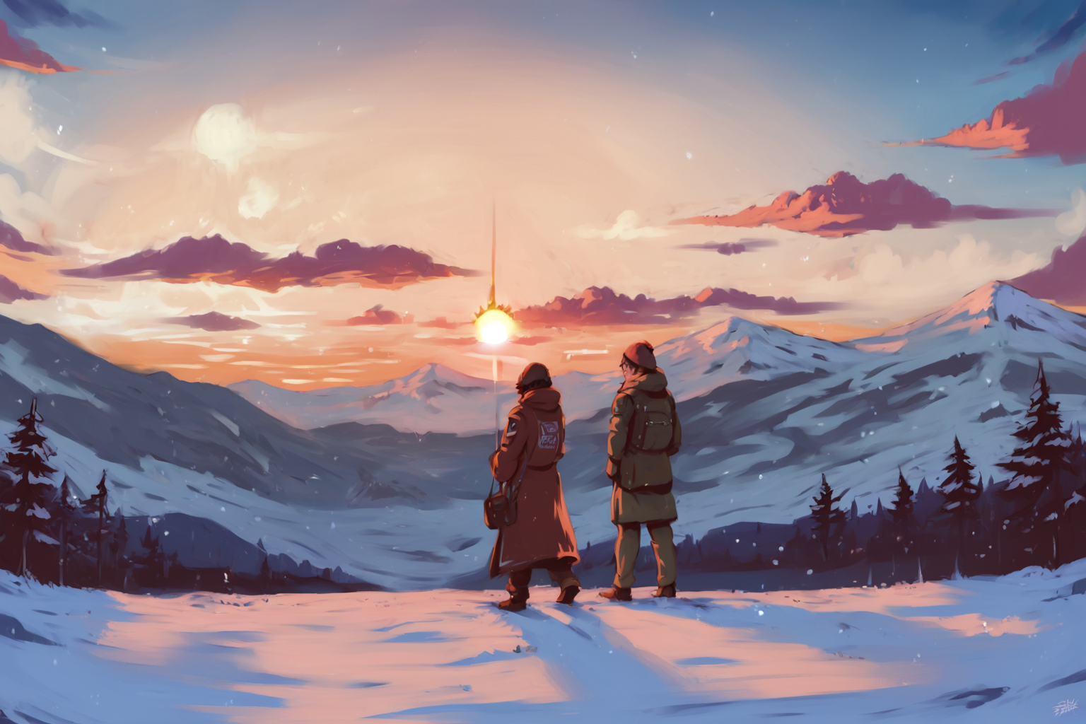 PDXL, source_anime,  <lora:SaishoV1:1>, s4ish0, 
snowy mountain, sun behind it, clouds, 
volumetric reflections, volumetric shadows, HDR, shot on Canon DSLR