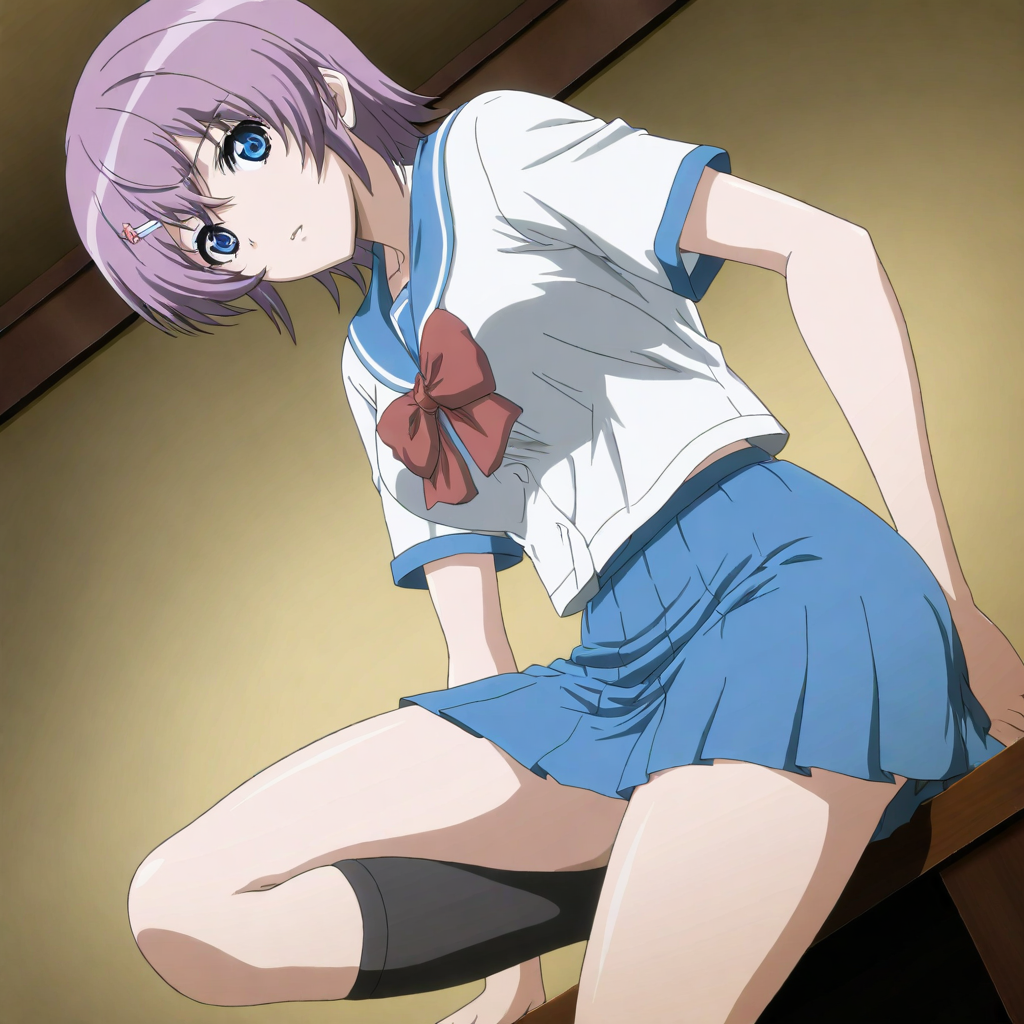 masterpiece,high score,great score,absurdres,solo,anime coloring,looking at viewer,<lora:AnnaIchinose hassakuill30:1> annaichinose, purple hair, short hair, hairclip, blue eyes,serafuku,bow,skirt,socks,