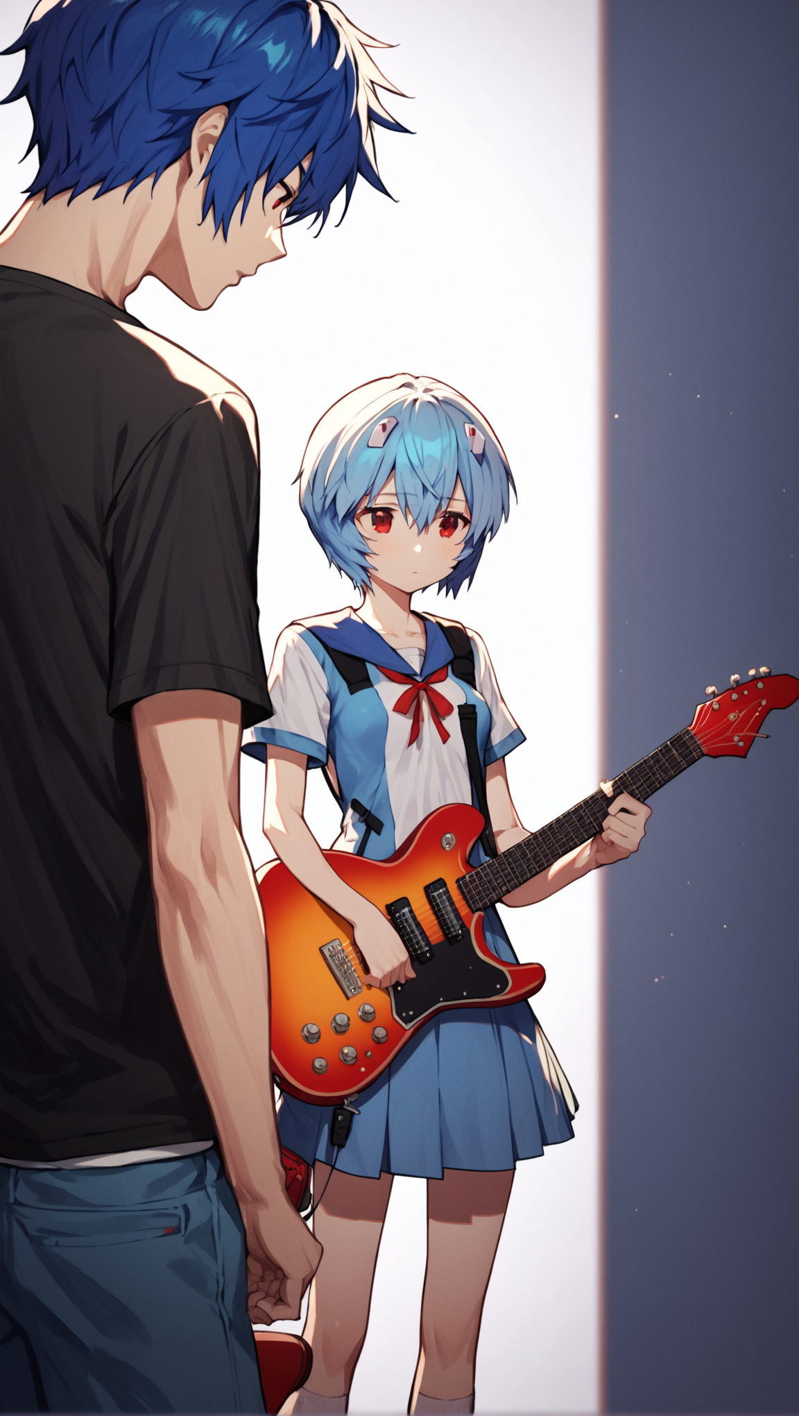 score_9, score_8_up, score_7_up, source_anime BREAK 1girl, ayanami rei, red eyes, looking at another, hair between eyes, short hair, over-the-shoulder shot, blue hair, small breasts, perky breasts, guitar, playing instrument, standing, <lora:Over-the-shoulder_shot:1>, 1boy, male facing away, rating_questionable