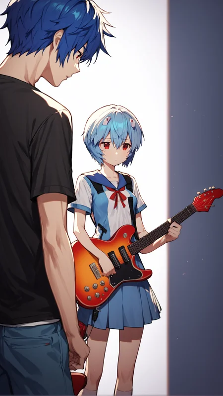 score_9, score_8_up, score_7_up, source_anime BREAK 1girl, ayanami rei, red eyes, looking at another, hair between eyes, short hair, over-the-shoulder shot, blue hair, small breasts, perky breasts, guitar, playing instrument, standing, <lora:Over-the-shoulder_shot:1>, 1boy, male facing away, rating_questionable