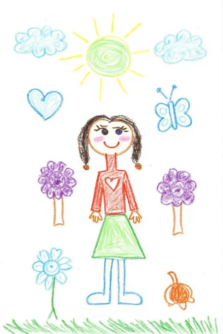 This image is a colorful, hand-drawn picture. The central figure is a stick figure of a girl with a heart-shaped face, two pigtails, and a smile. The girl is wearing a red long-sleeved top with a white heart on it and a green skirt. There are two trees, a butterfuly, a sunflower, an acorn, and a heart around her. The are clouds and a a green sun at the top of the image. <lora:5yocrayon1_cap_d6a3e12:1.0><lora:822091130540695742:0>