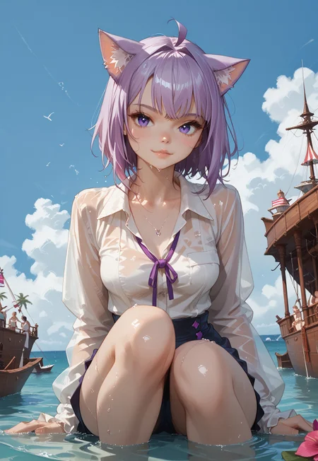 score_9, score_8_up, score_7_up, c3l3st3n01r, CelesteNoir, source_anime, zPDXL3, 1girl, solo, ((cute kitty expression:1.3), hololive), okayuBase, short hair, purple eyes, purple hair, cat ears, cat tail, ahoge, skindentation, one foot up, smooth image, cute, petite, slim, skinny, slender, soft lights, leaning on knee, soft shadows, shiny skin, thin waist, Expressiveh, side view, (dripping wet, crystal clear water, partially submerged:1.1), cat paw flag on mast, pirate ship with cat paw flag in background, tropical island, 